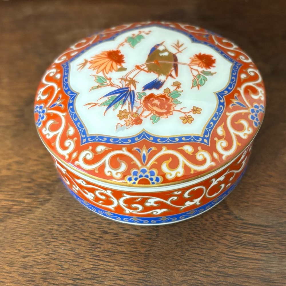 Vintage Kaiser Porcelain Trinket Box w/Bird Design - Orange/Blue, West Germany